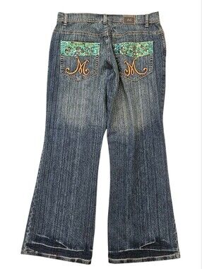 NEW VINTAGE Makaveli Dark Wash Embellished Pockets Logo Jeans 14 Y2K Tupac